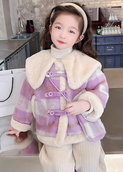 Fine Purple Peter Pan Collar Pockets Plaid Kids Fuzzy Fur Coats Winter Wl034