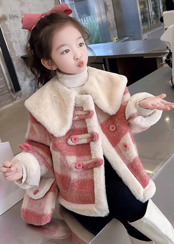 Fine Purple Peter Pan Collar Pockets Plaid Kids Fuzzy Fur Coats Winter Wl034
