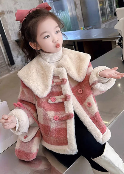 Fine Purple Peter Pan Collar Pockets Plaid Kids Fuzzy Fur Coats Winter Wl034