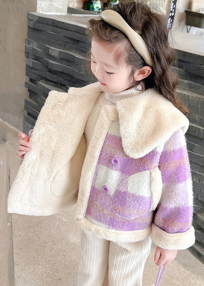 Fine Purple Peter Pan Collar Pockets Plaid Kids Fuzzy Fur Coats Winter Wl034