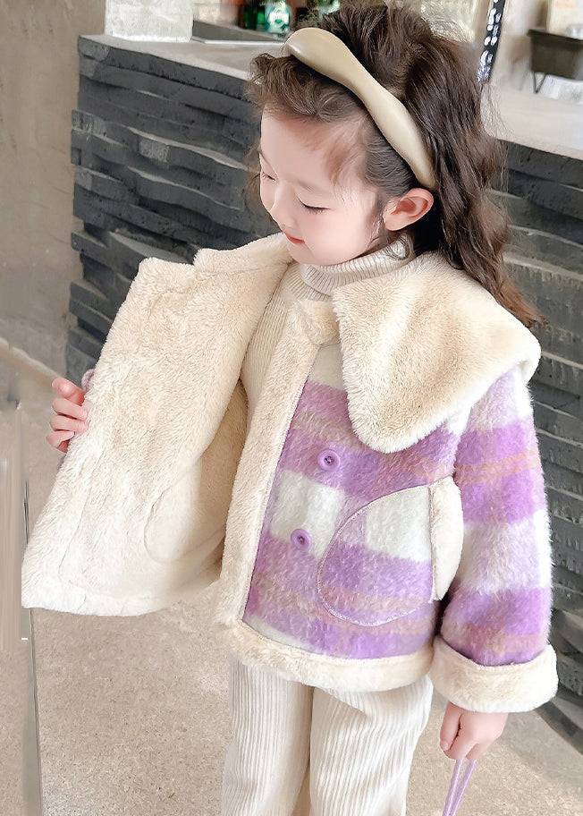 Fine Purple Peter Pan Collar Pockets Plaid Kids Fuzzy Fur Coats Winter Wl034