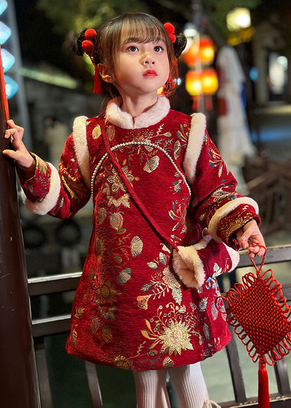 Fine Red Fur Collar Print Kids Long Dress Winter Tr008