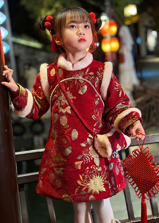 Fine Red Fur Collar Print Kids Long Dress Winter Tr008