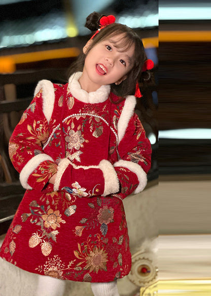 Fine Red Fur Collar Print Kids Long Dress Winter Tr008