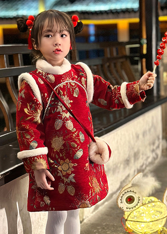 Fine Red Fur Collar Print Kids Long Dress Winter Tr008