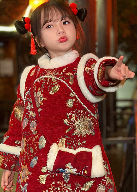 Fine Red Fur Collar Print Kids Long Dress Winter Tr008