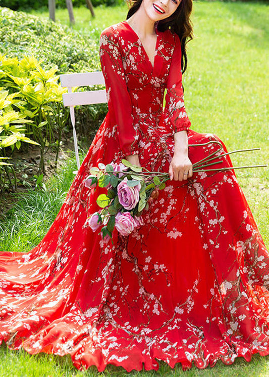 Fine Red Print Slim Chiffon Vacation Long Dresses Long Sleeve Ly1775