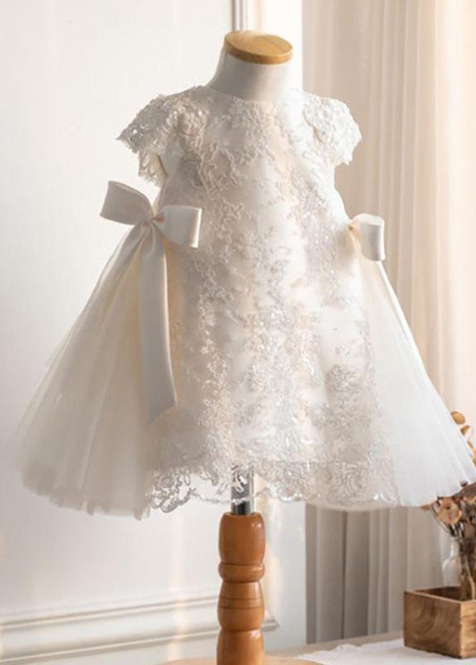 Fine White Lace Patchwork Tulle Maxi Dresses Short Sleeve Ys021