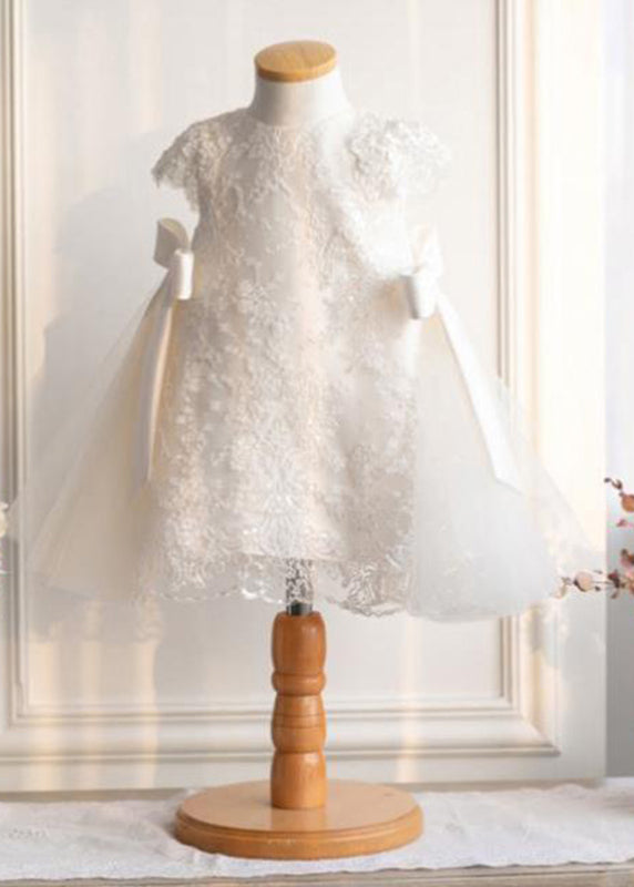 Fine White Lace Patchwork Tulle Maxi Dresses Short Sleeve Ys021