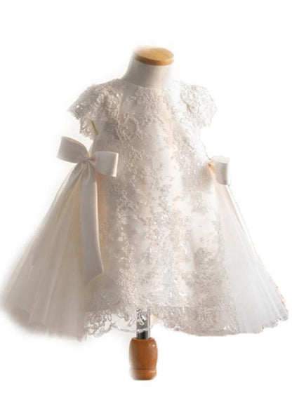 Fine White Lace Patchwork Tulle Maxi Dresses Short Sleeve Ys021