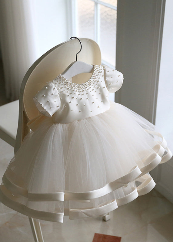 Fine White Pearl Tulle Patchwork Kids Long Dress Short Sleeve Ys040