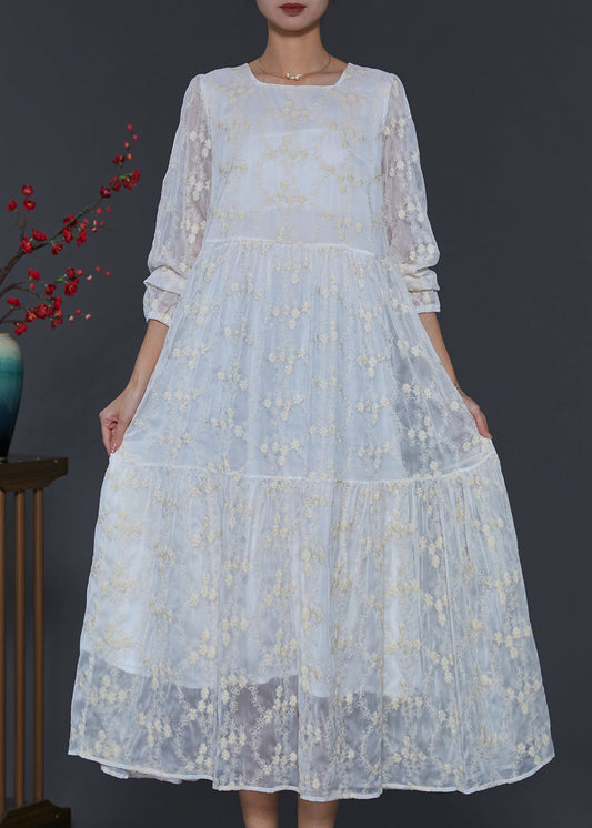 Fine White Square Colla Embroidered Silk Long Dress Spring Sd1105