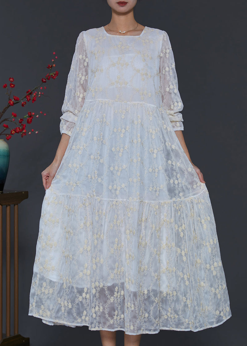 Fine White Square Colla Embroidered Silk Long Dress Spring Sd1105