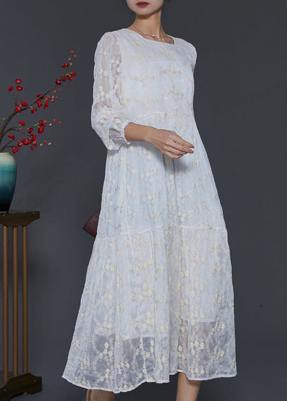 Fine White Square Colla Embroidered Silk Long Dress Spring Sd1105
