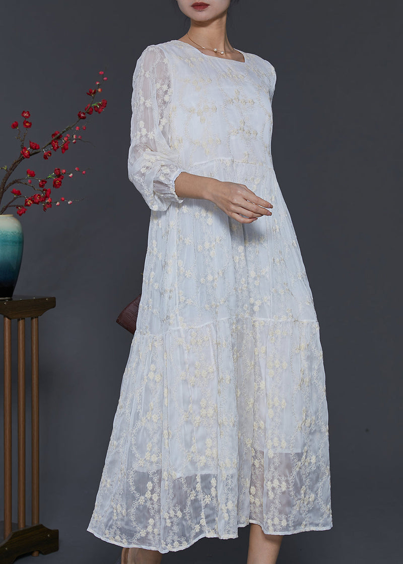 Fine White Square Colla Embroidered Silk Long Dress Spring Sd1105