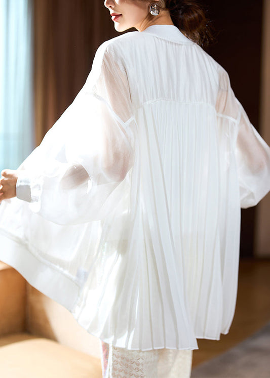 Fine White Zip Up Patchwork Chiffon Upf 50+ Coat Long Sleeve Ac1009