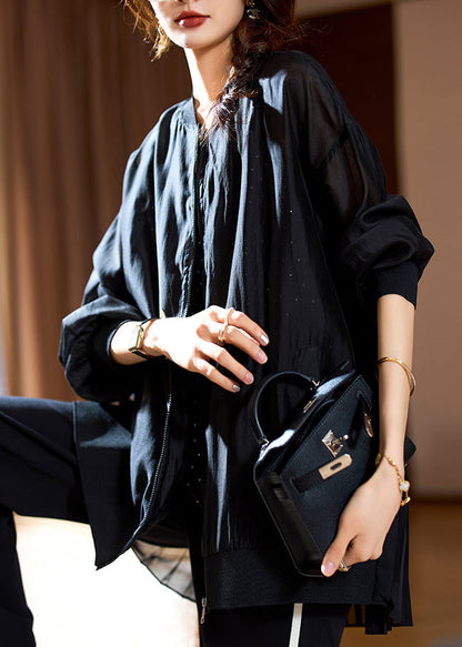 Fine White Zip Up Patchwork Chiffon Upf 50+ Coat Long Sleeve Ac1009