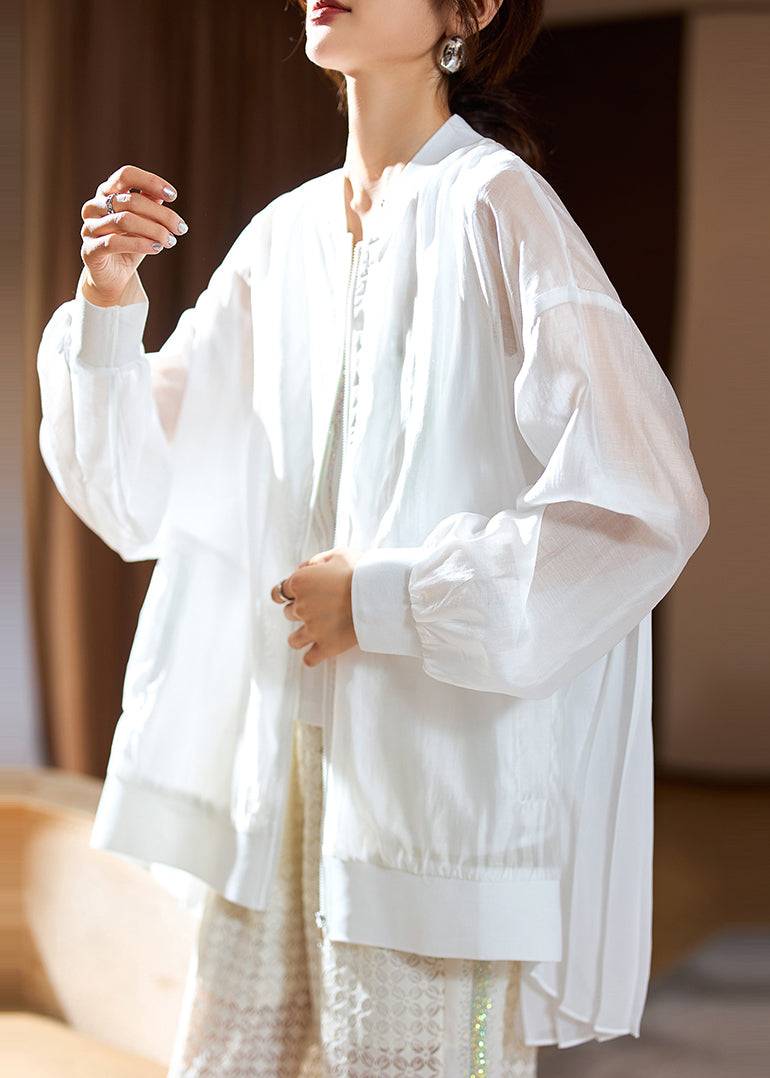 Fine White Zip Up Patchwork Chiffon Upf 50+ Coat Long Sleeve Ac1009
