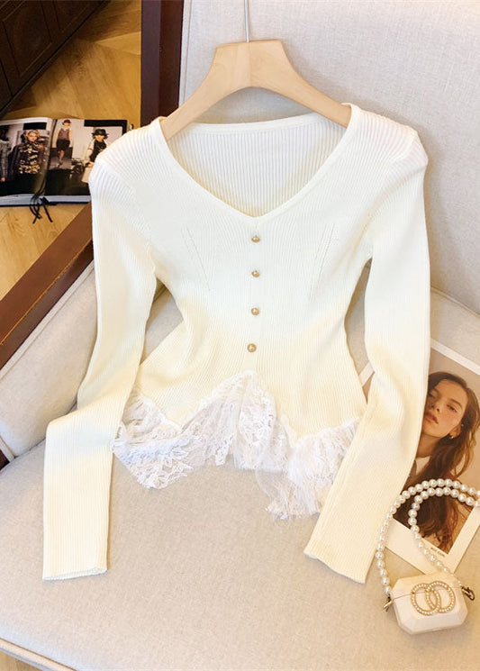 Fitted Apricot V Neck Lace Patchwork Knit Sweaters Fall Qi032