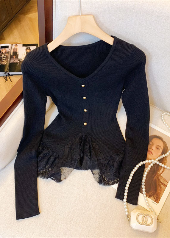 Fitted Apricot V Neck Lace Patchwork Knit Sweaters Fall Qi032