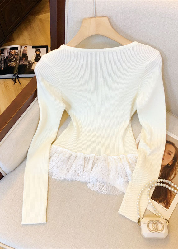 Fitted Apricot V Neck Lace Patchwork Knit Sweaters Fall Qi032