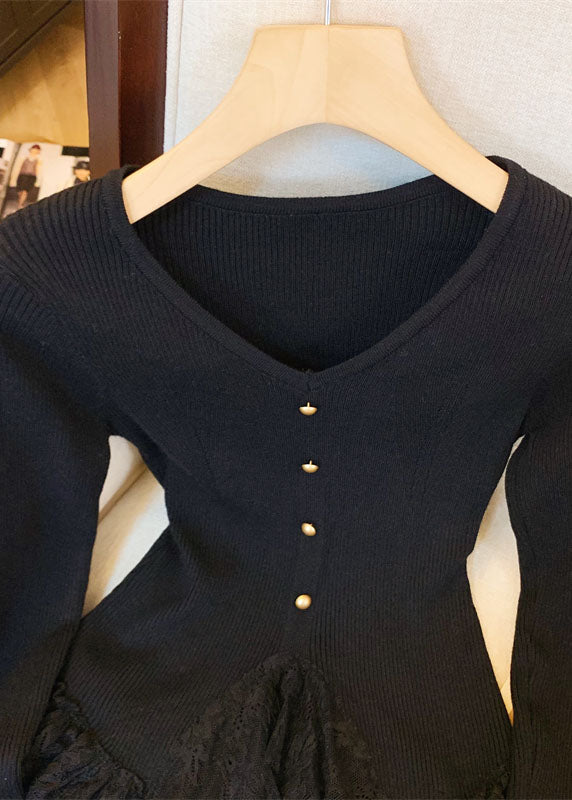 Fitted Apricot V Neck Lace Patchwork Knit Sweaters Fall Qi032