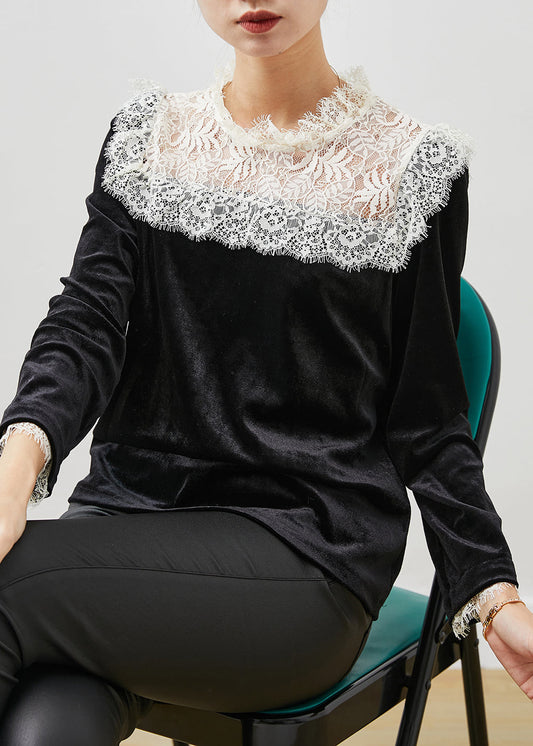 Fitted Black Lace Patchwork Silm Fit Velour Blouses Spring Yu1057