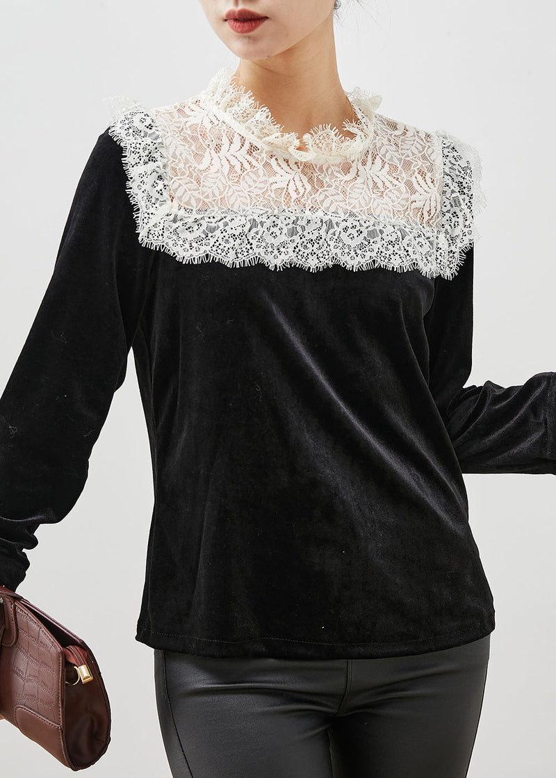 Fitted Black Lace Patchwork Silm Fit Velour Blouses Spring Yu1057