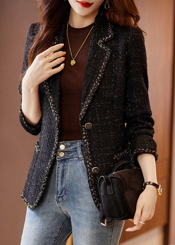 Fitted Black Notched Patchwork Woolen Coats Spring Yj050