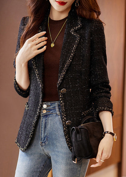 Fitted Black Notched Patchwork Woolen Coats Spring Yj050