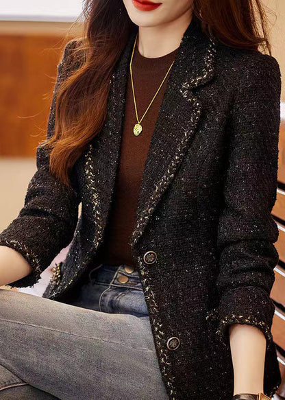 Fitted Black Notched Patchwork Woolen Coats Spring Yj050