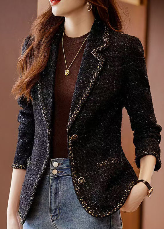 Fitted Black Notched Patchwork Woolen Coats Spring Yj050