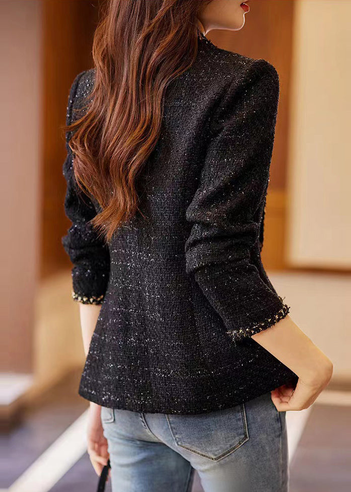 Fitted Black Notched Patchwork Woolen Coats Spring Yj050
