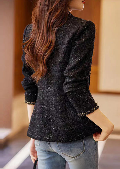 Fitted Black Notched Patchwork Woolen Coats Spring Yj050