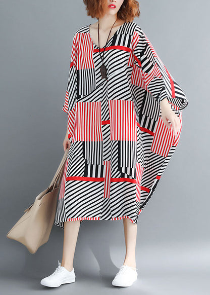 Fitted Black Red Striped Oversized Chiffon Maxi Dresses Batwing Sleeve Ly1535