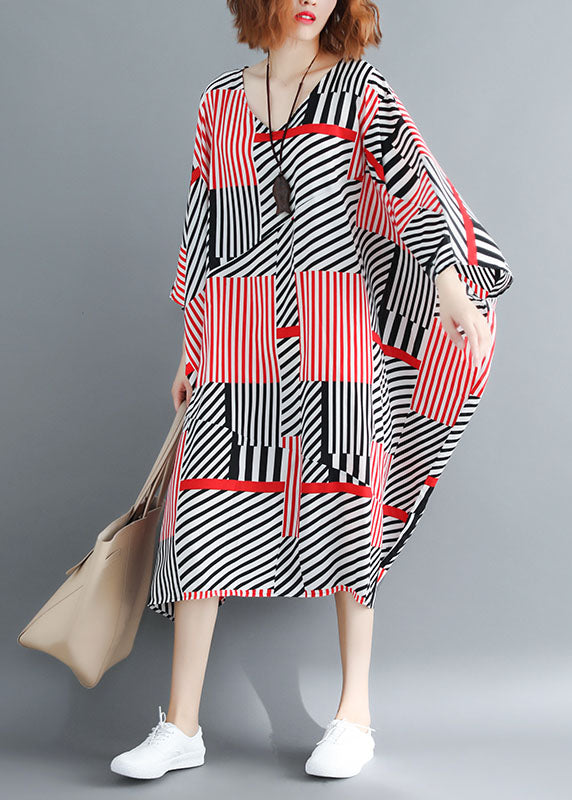 Fitted Black Red Striped Oversized Chiffon Maxi Dresses Batwing Sleeve Ly1535