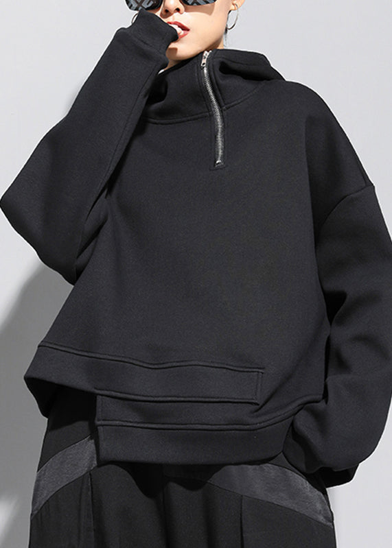 Fitted Black Stand Collar Patchwork Pockets Warm Fleece Hooded Sweatshirt Winter Rz006