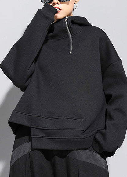 Fitted Black Stand Collar Patchwork Pockets Warm Fleece Hooded Sweatshirt Winter Rz006