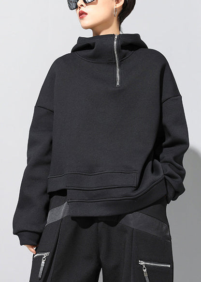 Fitted Black Stand Collar Patchwork Pockets Warm Fleece Hooded Sweatshirt Winter Rz006