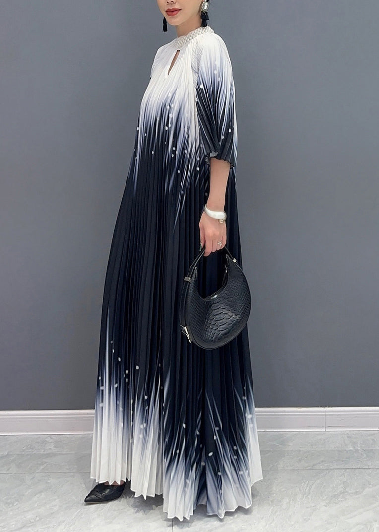 Fitted Black Turtleneck Print Wrinkled Vacation Maxi Dresses Summer Ao1032