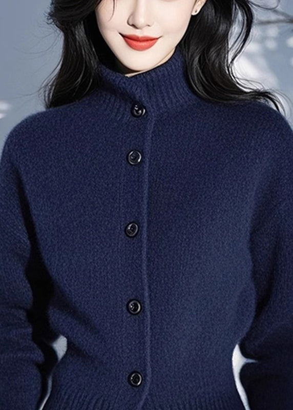 Fitted Blue Stand Collar Button Cotton Knit Cardigans Spring To039