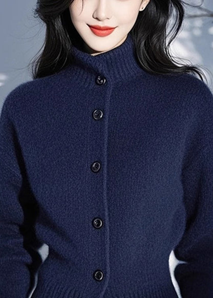 Fitted Blue Stand Collar Button Cotton Knit Cardigans Spring To039