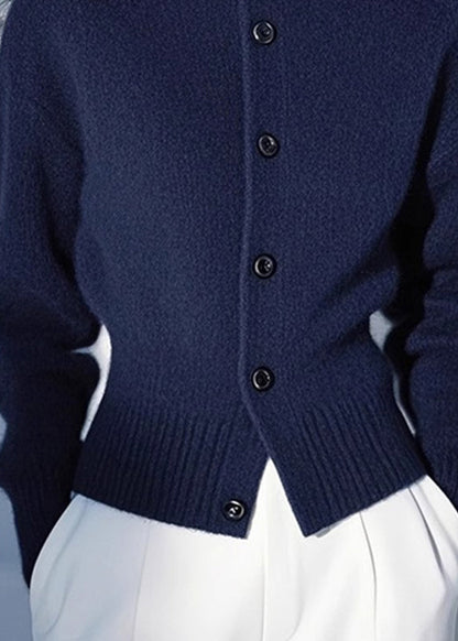 Fitted Blue Stand Collar Button Cotton Knit Cardigans Spring To039