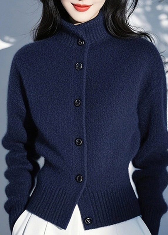 Fitted Blue Stand Collar Button Cotton Knit Cardigans Spring To039