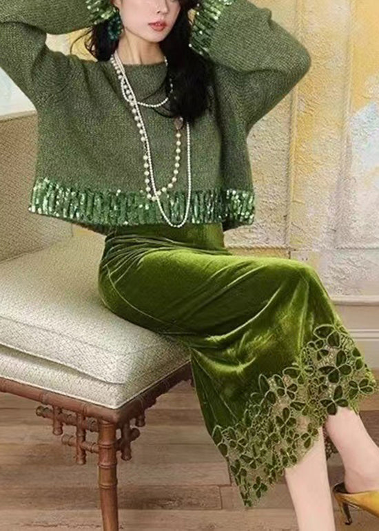 Fitted Green Knit Sweaters and Velour Skirts Two Piece Suit Set Fall Wp035