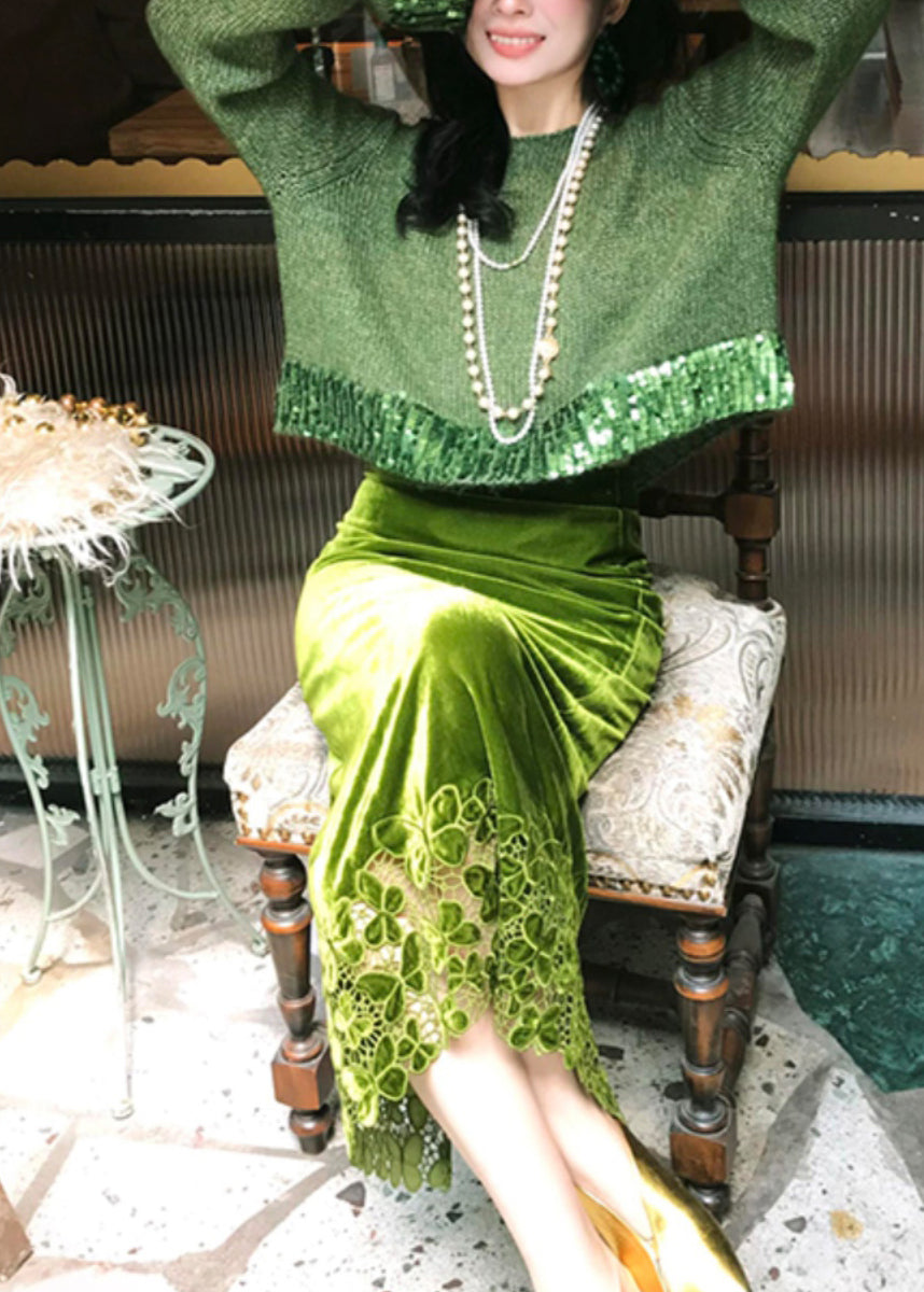 Fitted Green Knit Sweaters and Velour Skirts Two Piece Suit Set Fall Wp035