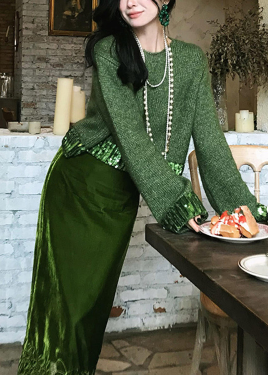 Fitted Green Knit Sweaters and Velour Skirts Two Piece Suit Set Fall Wp035