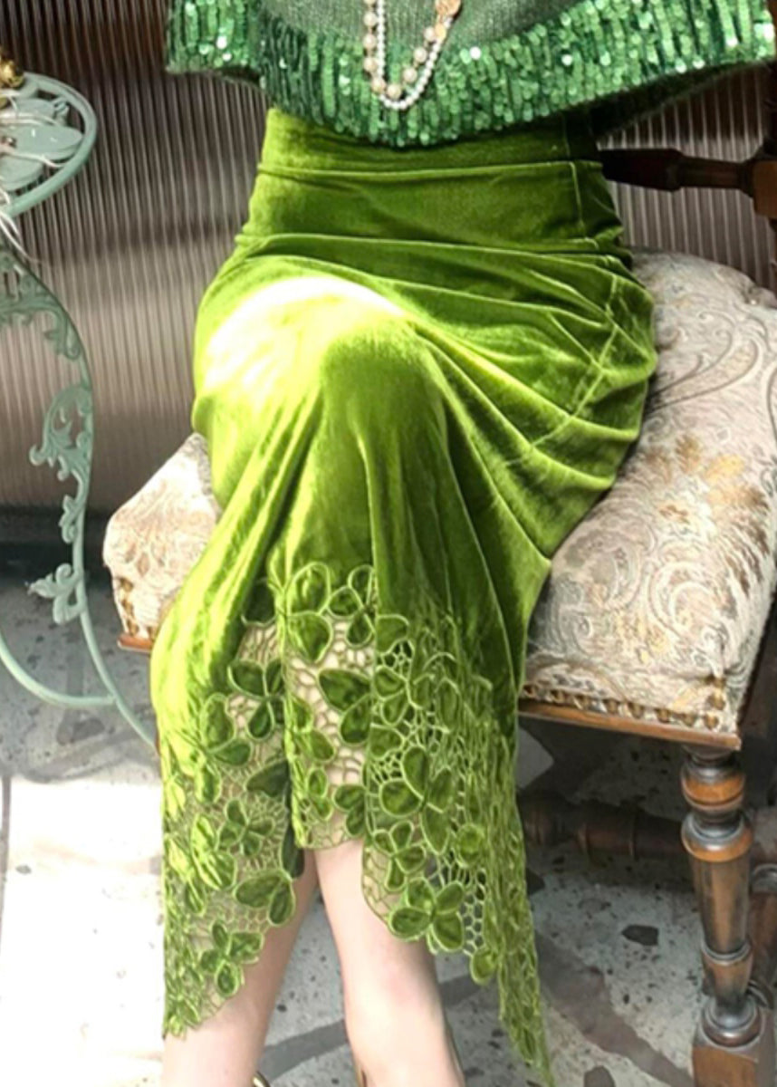 Fitted Green Knit Sweaters and Velour Skirts Two Piece Suit Set Fall Wp035