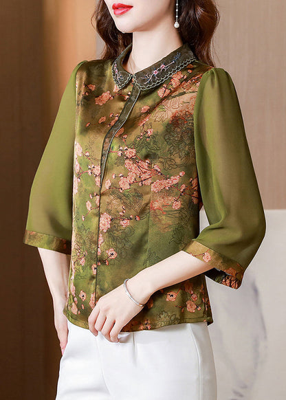 Fitted Green Peter Pan Collar Print Silk Blouse Tops Bracelet Sleeve Ly0455