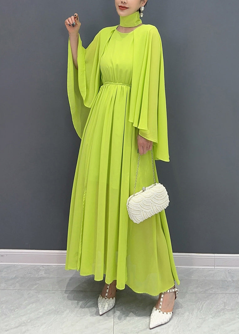 Fitted Green Shawl Collar Patchwork Vacation Maxi Dresses Flare Sleeve Ao1031